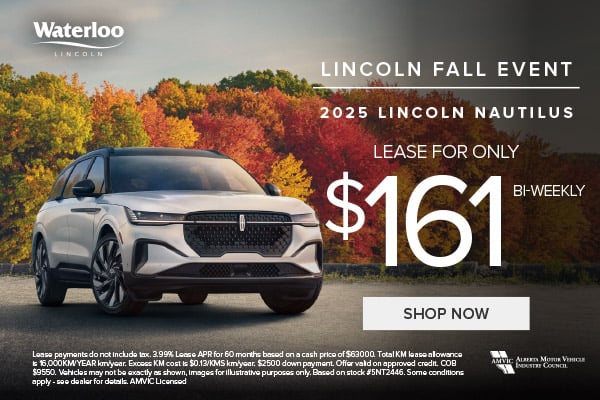 A silver 2025 Lincoln Nautilus SUV parked in front of a backdrop of vibrant fall foliage. Text on the image reads 